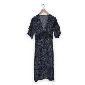 bl^nk Maxi Dress Statement Puffy Sleeves Plunging Neckline Blue Grey  Size Small